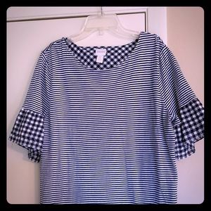 Chico’s navy and white stripe/gingham tee shirt